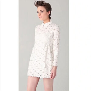 Opening Ceremony Lace Mini Dress Collar Long Sleeve Sheer Bridal Wedding 2 Cream